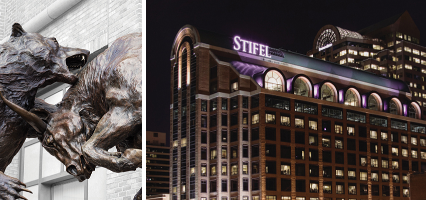 Forces statue by Harry S. Weber and Stifel Headquarter Building in St. Louis, Missouri at night